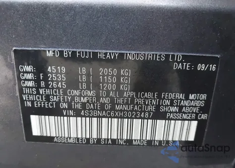 2017 Subaru Legacy 2.5I Premium from USA, damaged, VIN 4S3BNAC6XH3023487